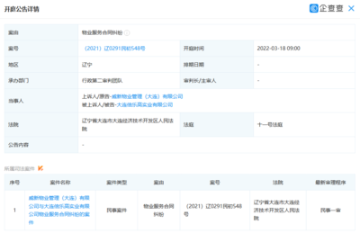 大連威新物業(yè)管理新增開庭公告 案由系物業(yè)服務(wù)合同糾紛